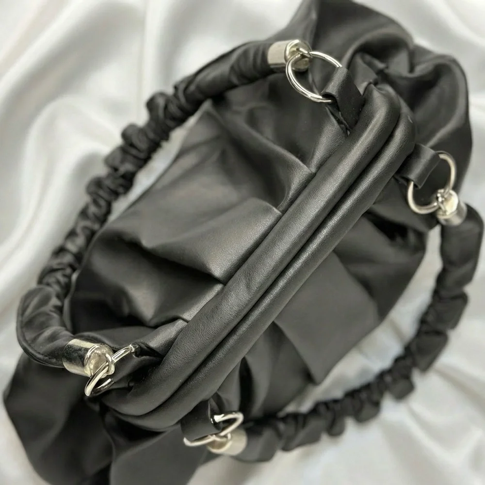 Black Ruched Top Handle Dumpling Bag Soft Vegan Leather Cloud Purse - Picture 4 of 7